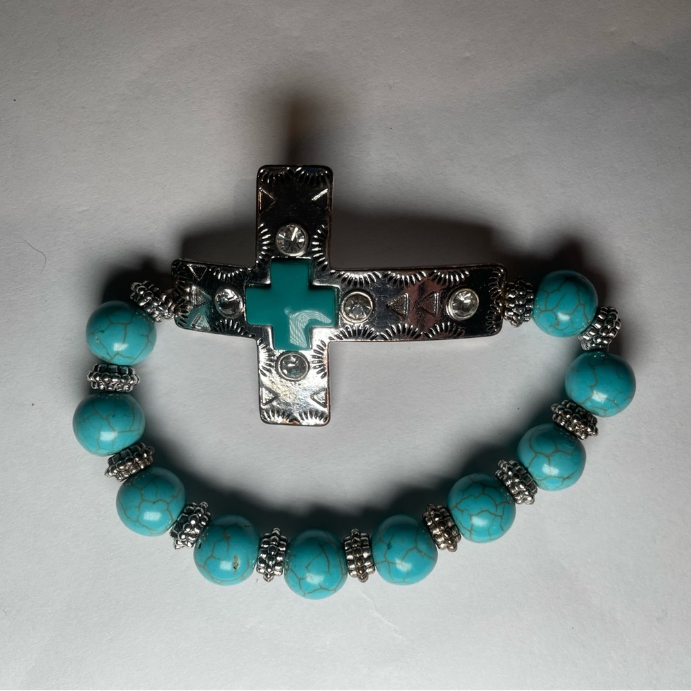 Blue and Silver Beaded Cross Bracelet